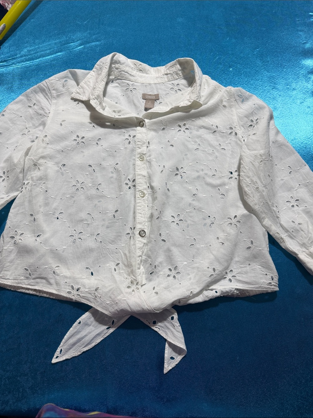 Chico's White Eyelet Tie-Front Button Shirt